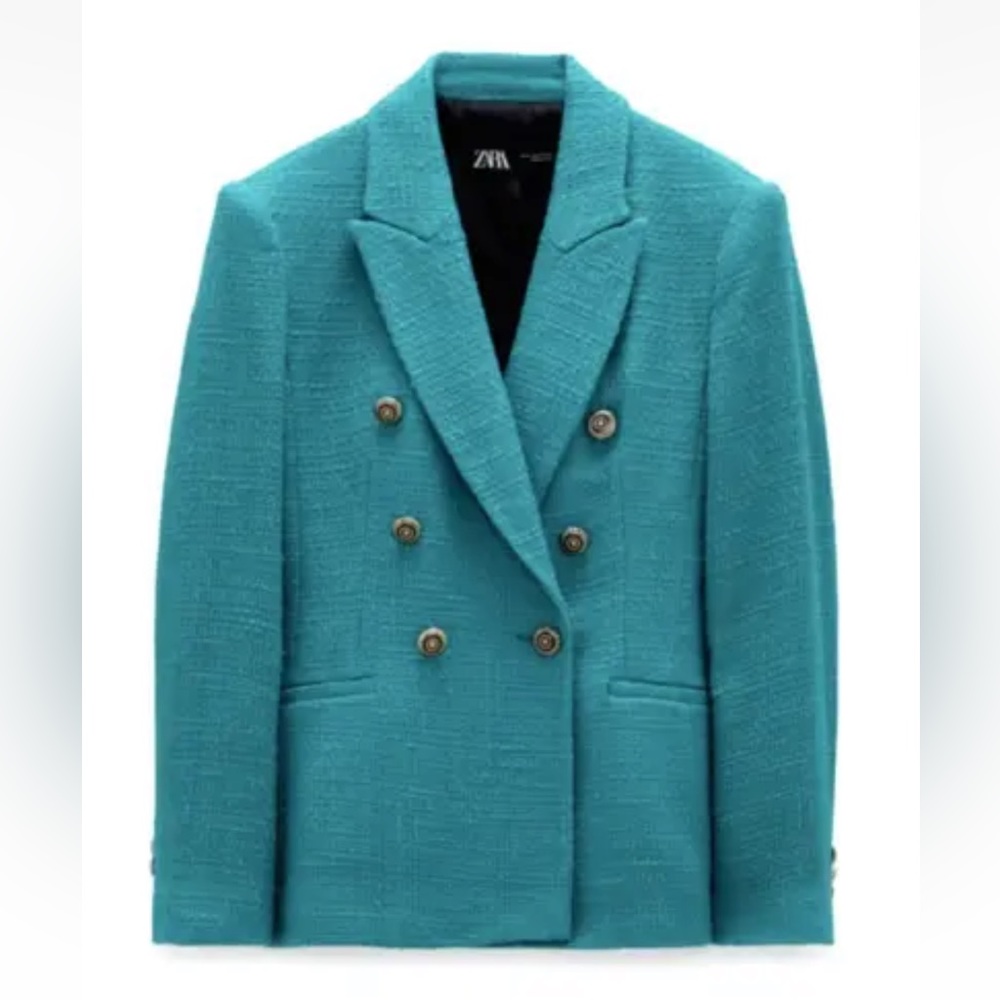 Zara Green Double Breasted Tweed Blazer - image 3